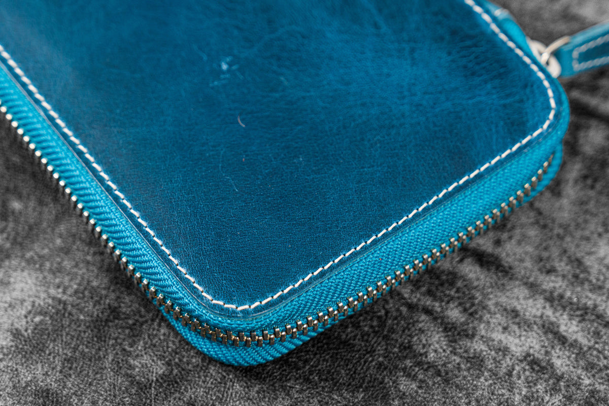 Galen Leather Zippered 14 Slots Collector Pen Case for Kaweco Pens - Crazy Horse Ocean Blue