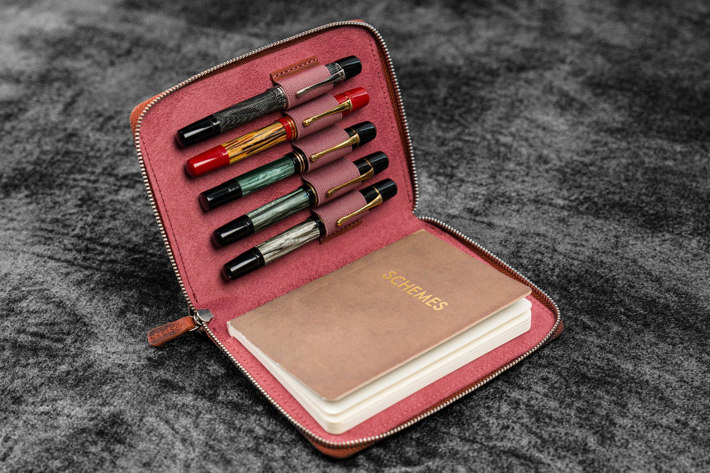Galen Leather Zippered 5 Slots Pen Case - Crazy Horse Orange