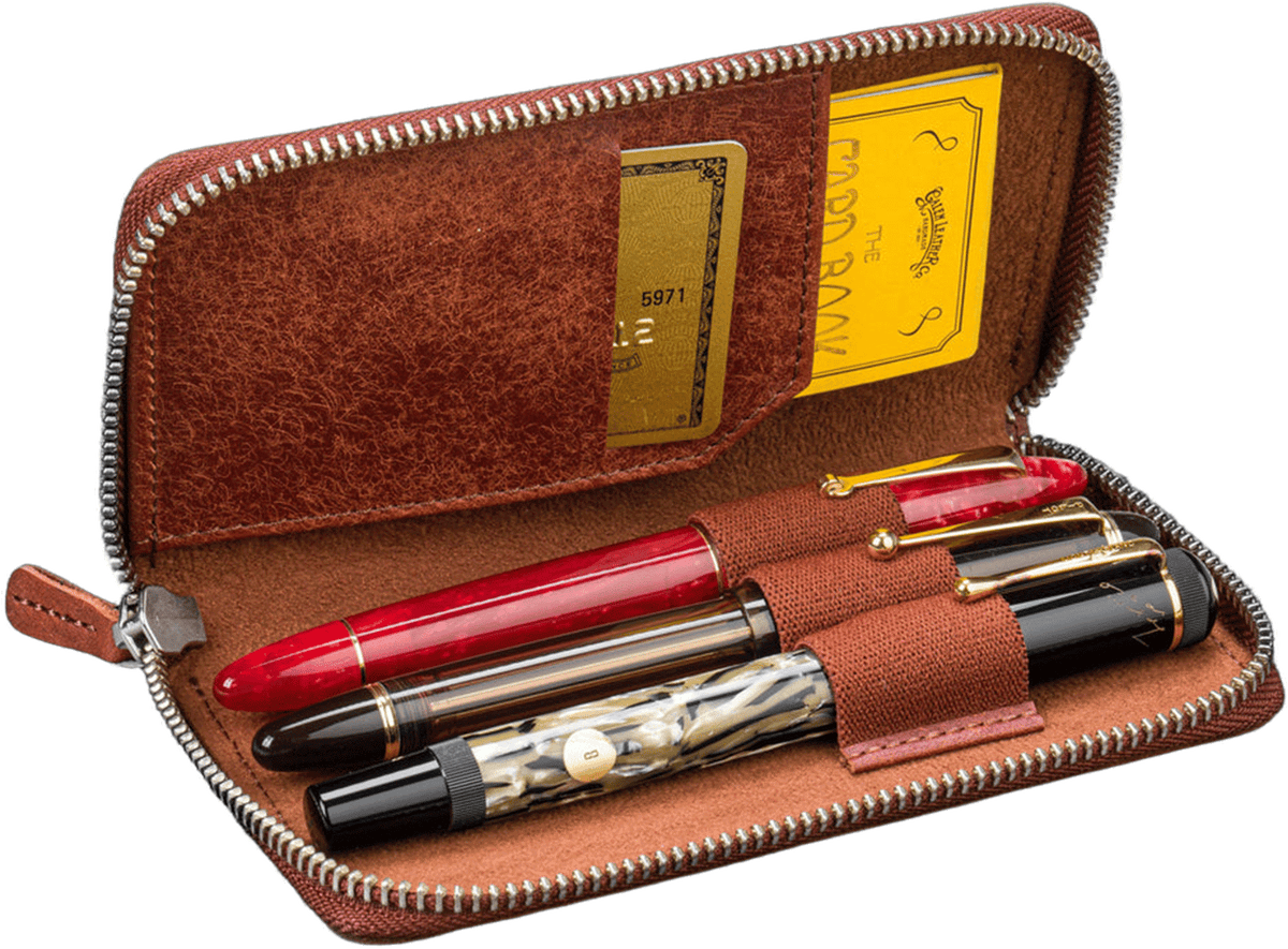 Galen Leather Zippered 3 Slots Pen Case - Aged Copper