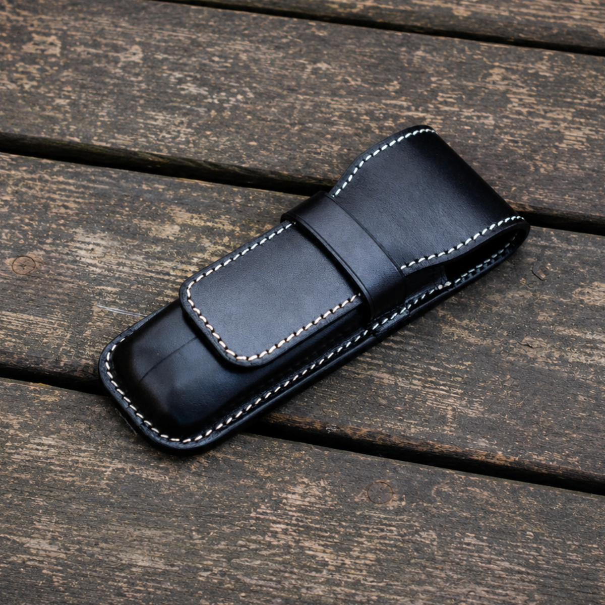 Galen Leather 2 Slots Flap Pen Case - Black