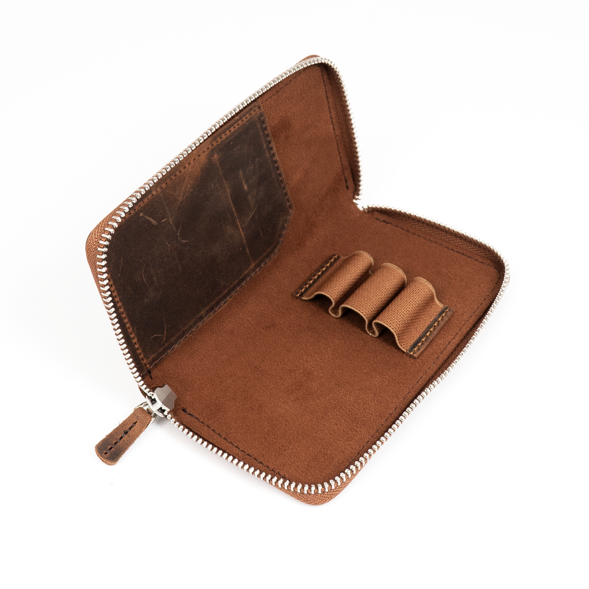 Galen Leather Zippered 3 Slots Pen Case - Havana Brown