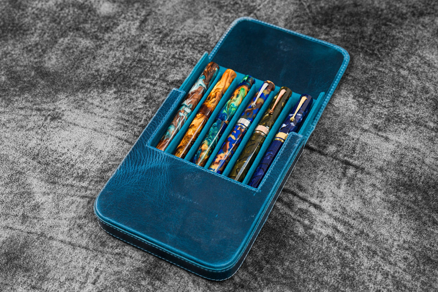 Galen Leather 6 Slots Magnum Opus Pen Case - Crazy Ocean Blue (with Removable Tray)