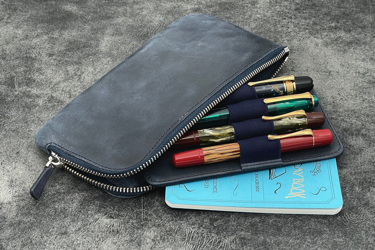 Galen Leather Zippered 4 Slots Slip-n-Zip Pen Pouch - Crazy Horse Navy Blue