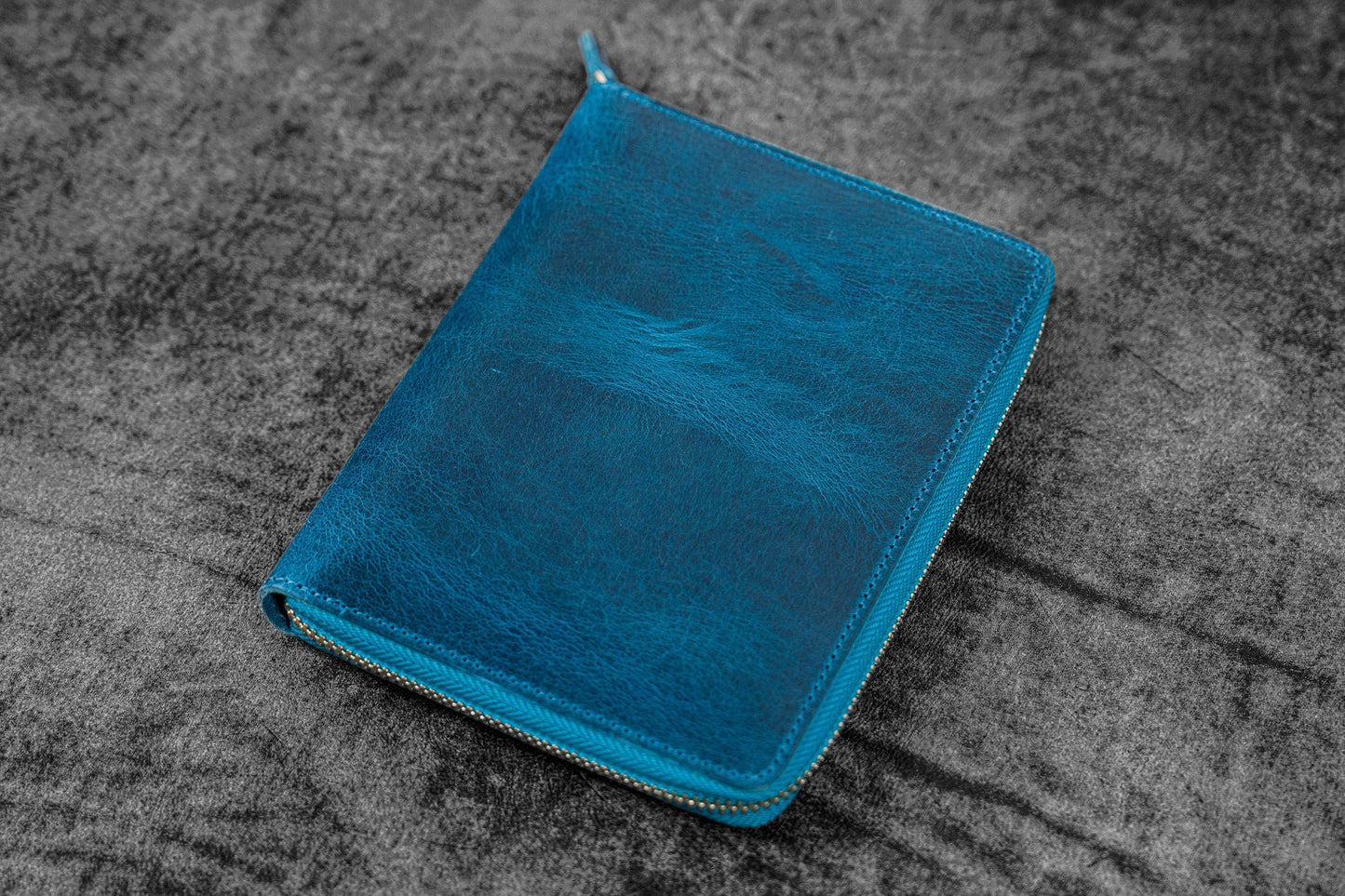 Galen Leather Zippered 5 Slots Pen Case - Crazy Horse Ocean Blue