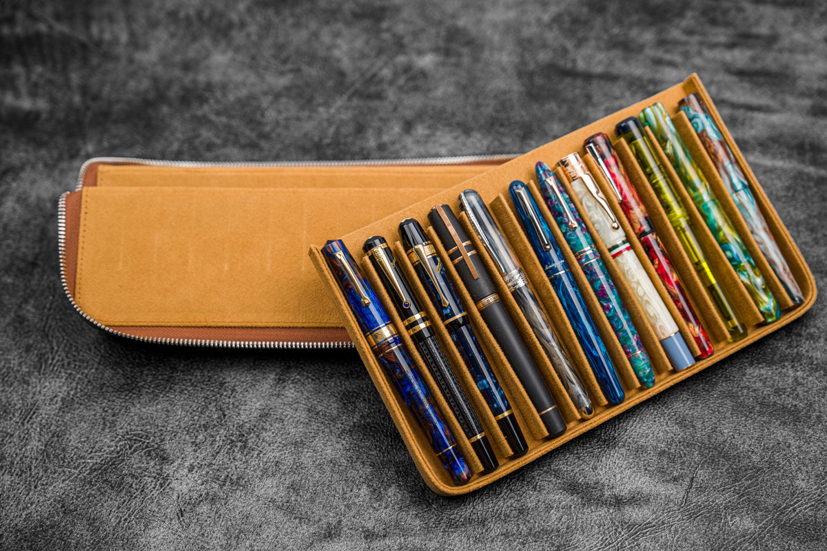 Galen Leather Zippered 12 Slots Magnum Opus Pen Case - Crazy Horse Brown (with Removable Pen Tray)