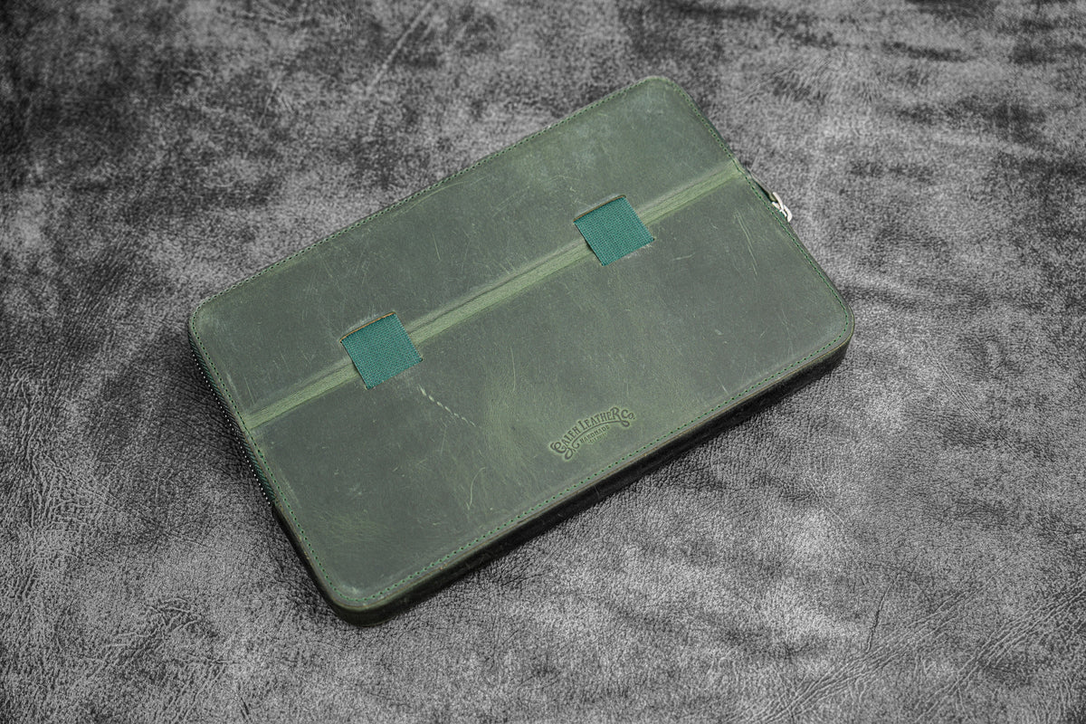 Galen Leather Zippered 12 Slots Magnum Opus Pen Case - Crazy Forest Green (with Removable Pen Tray)