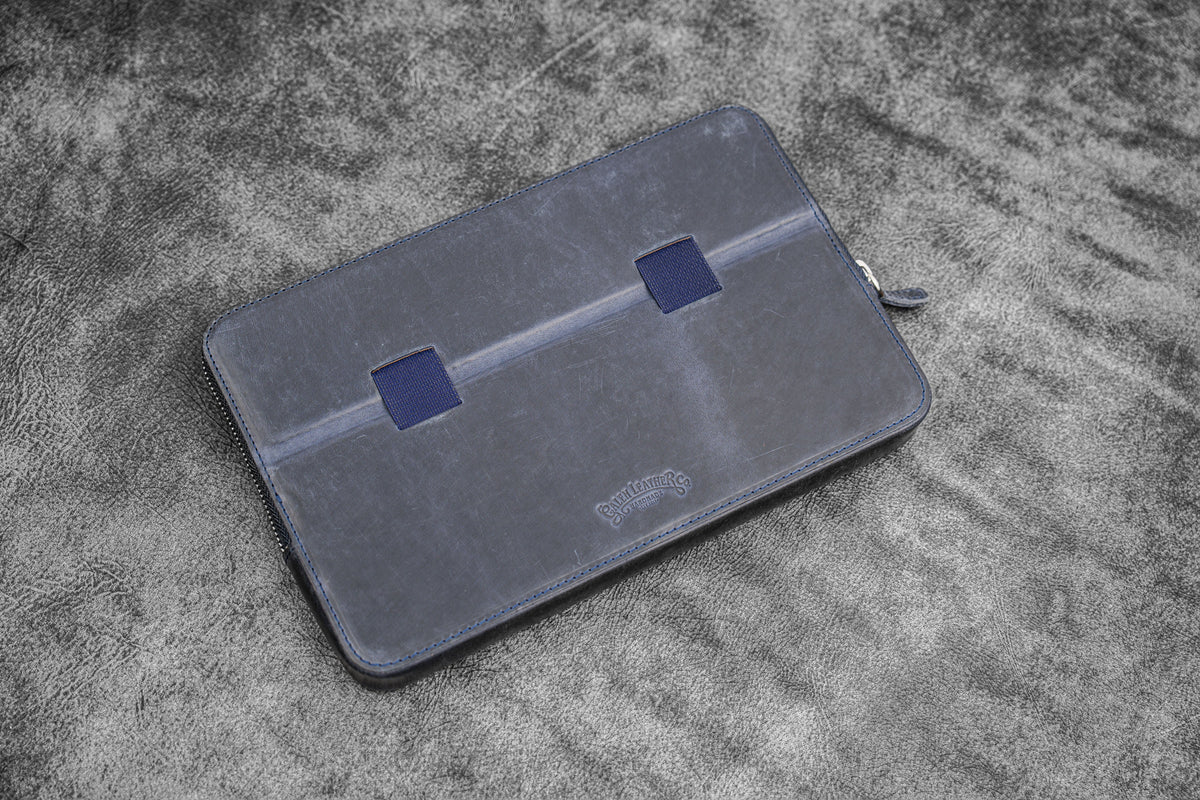 Galen Leather Zippered 12 Slots Magnum Opus Pen Case - Crazy Navy Blue (with Removable Pen Tray)