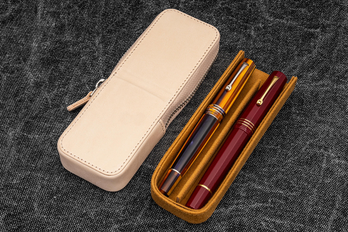 Galen Leather 2 Slot Zippered Magnum Opus Pen Case - Undyed Leather (with Removable Pen Tray)