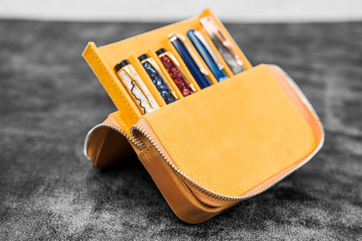 Galen Leather Zippered 6 Slots Magnum Opus Pen Case - Crazy Horse Honey Ochre