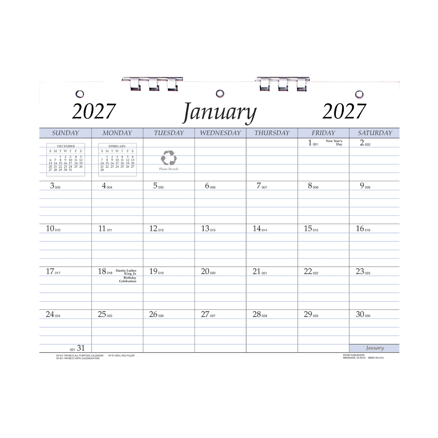 Payne 2027 3-Hole Punched Monthly Calendar (8.5 x 11)