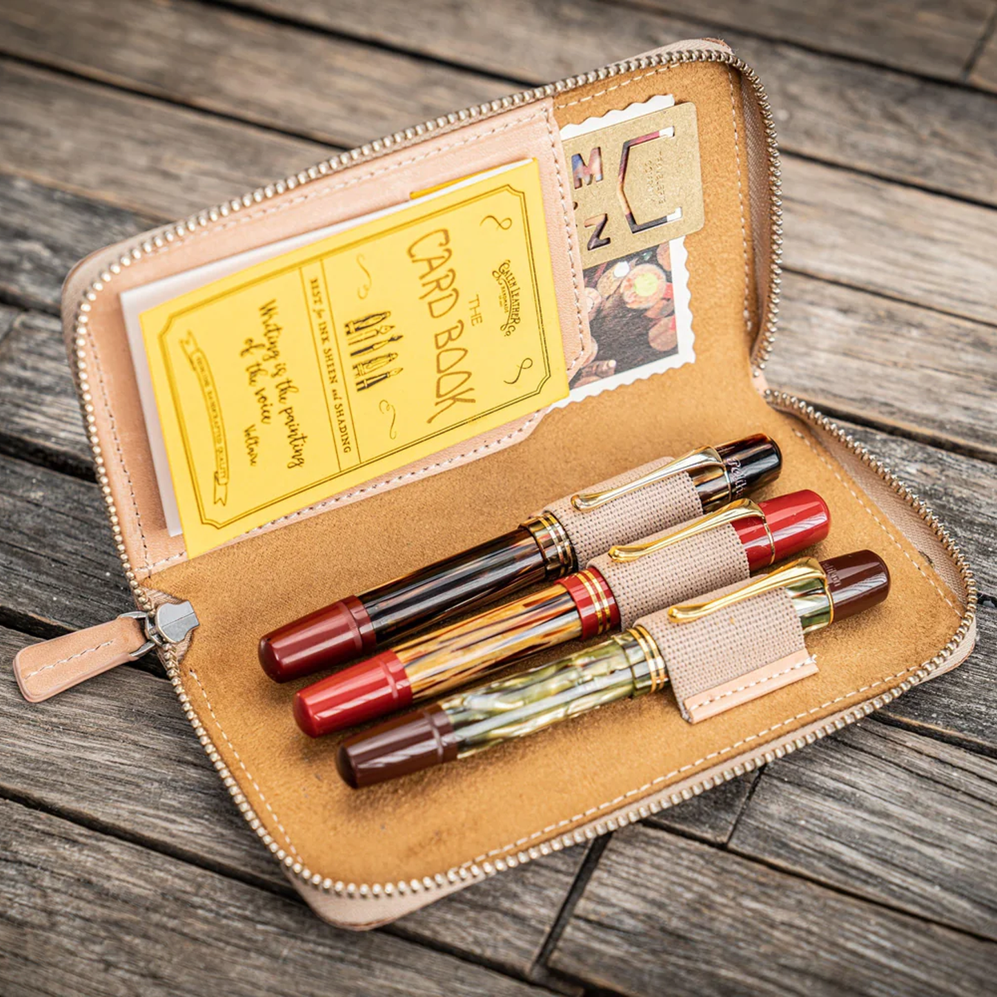 Galen Leather Zippered 3 Slots Pen Case - Undyed Leather