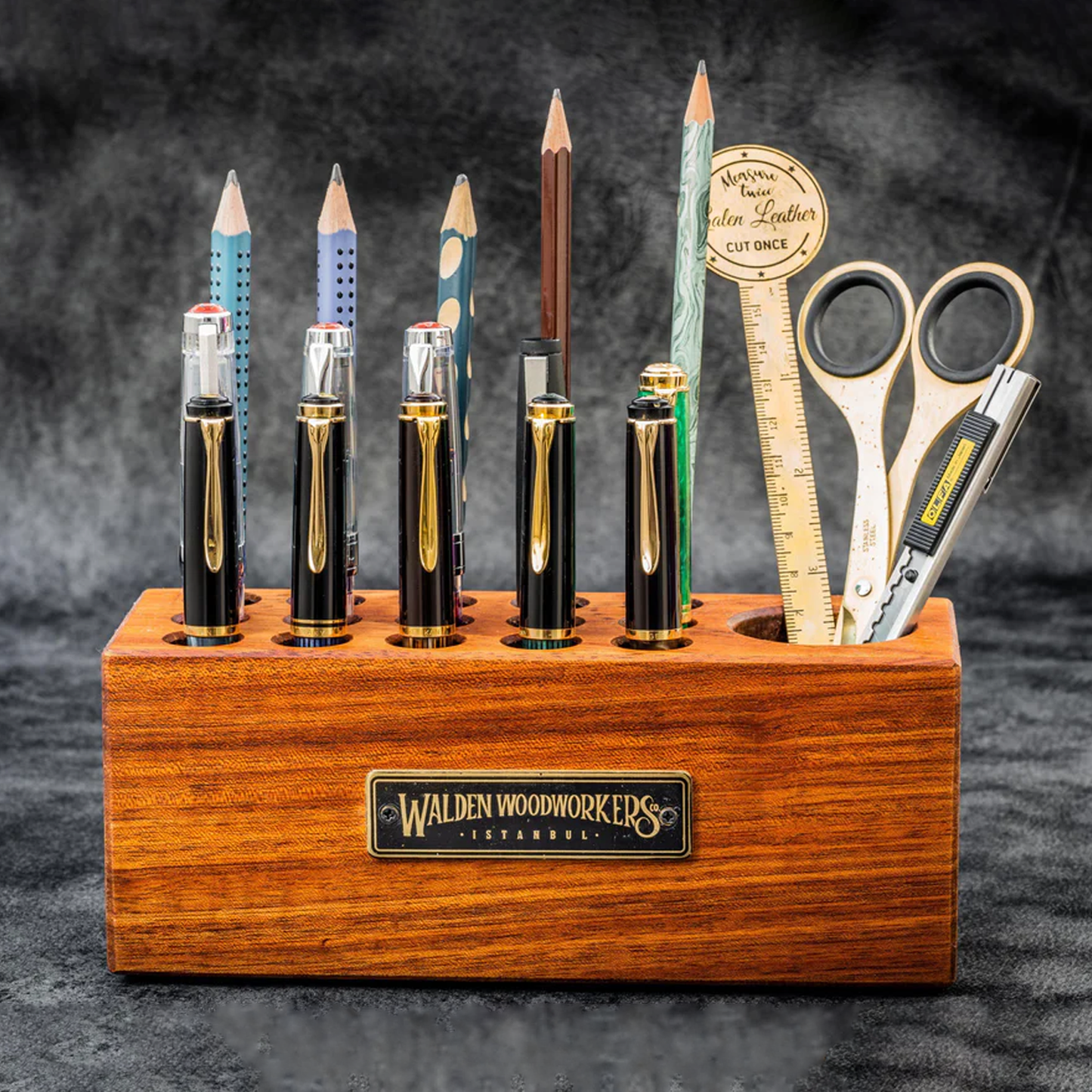 Galen Leather Wooden Desk Organizer & Pen Holder - Mahogany