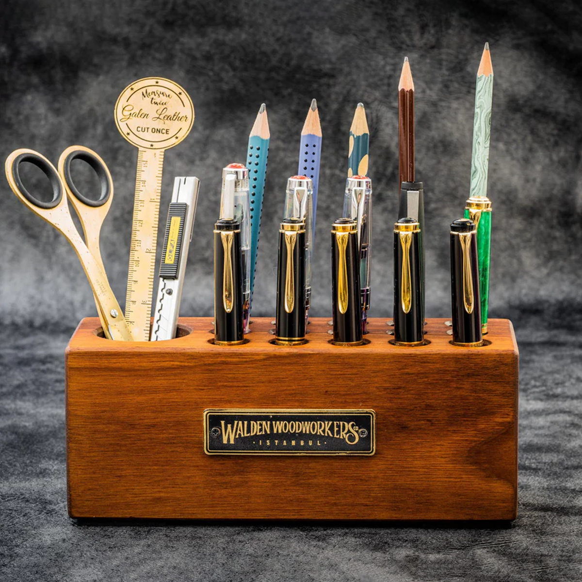 Galen Leather Wooden Desk Organizer & Pen Holder - Walnut