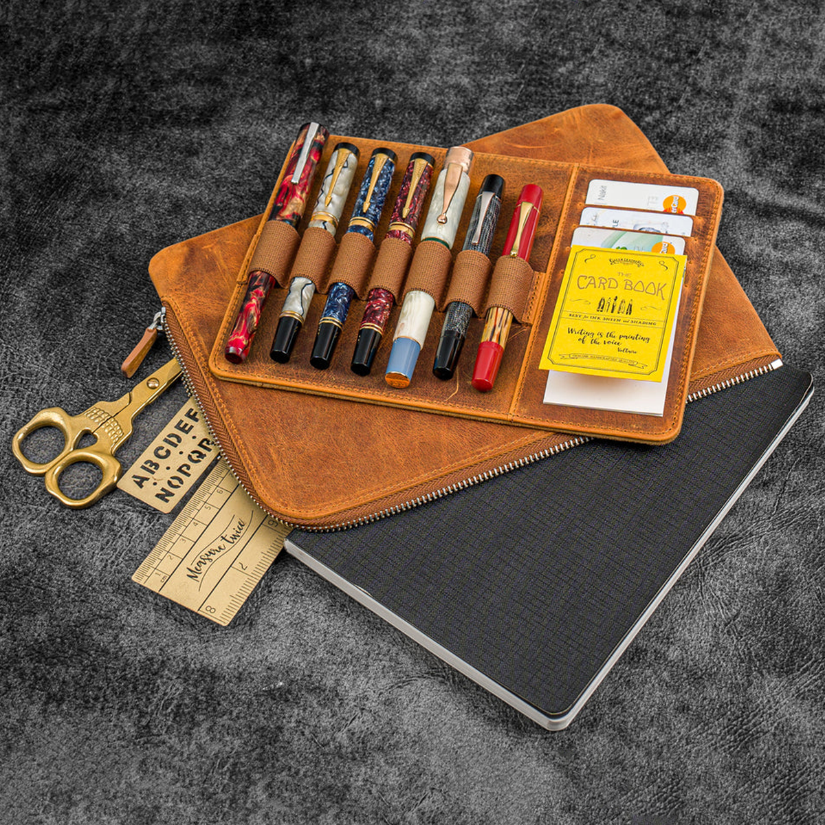 Galen Leather Zippered 7 Slots Writer's Bank Bag/Pen Pouch - Crazy Horse Brown