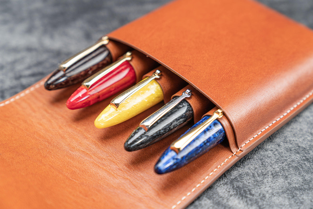 Galen Leather 5 Slots Flap Pen Case - Brown