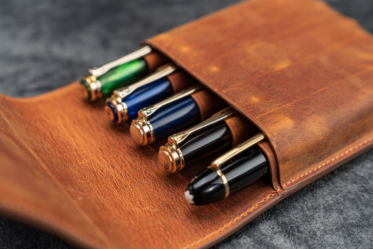 Galen Leather 5 Slots Flap Pen Case - Crazy Horse Brown