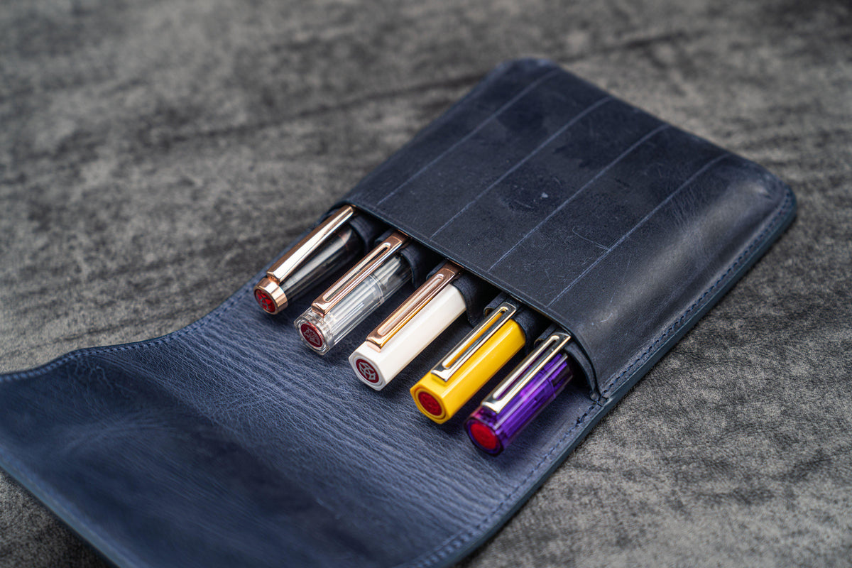 Galen Leather 5 Slots Flap Pen Case - Crazy Horse Navy Blue