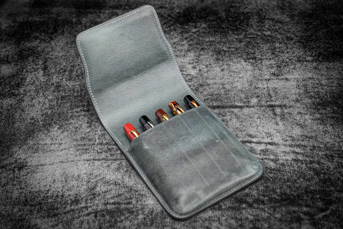 Galen Leather 5 Slots Flap Pen Case - Crazy Horse Smoky