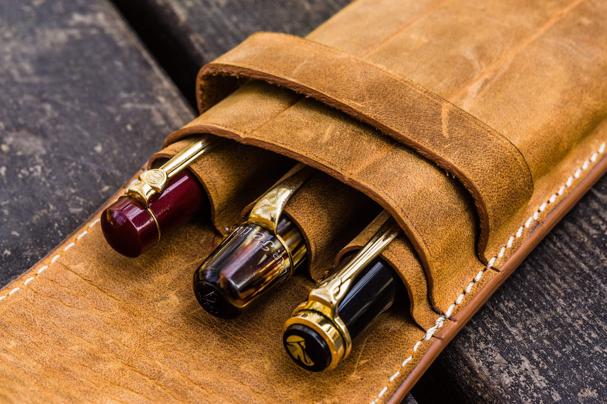 Galen Leather 3 Slots Flap Pen Case - Crazy Horse Brown