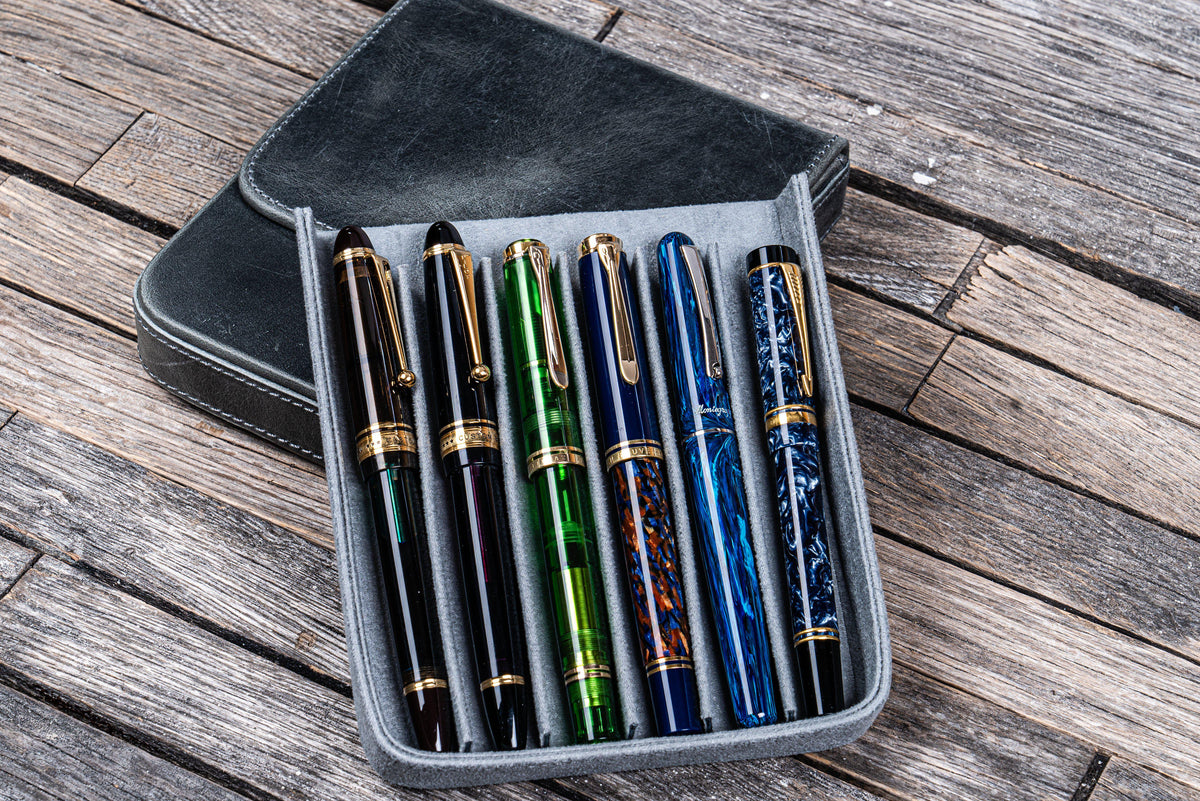 Galen Leather 6 Slots Magnum Opus Pen Case - Crazy Horse Smoky (with Removable Tray)