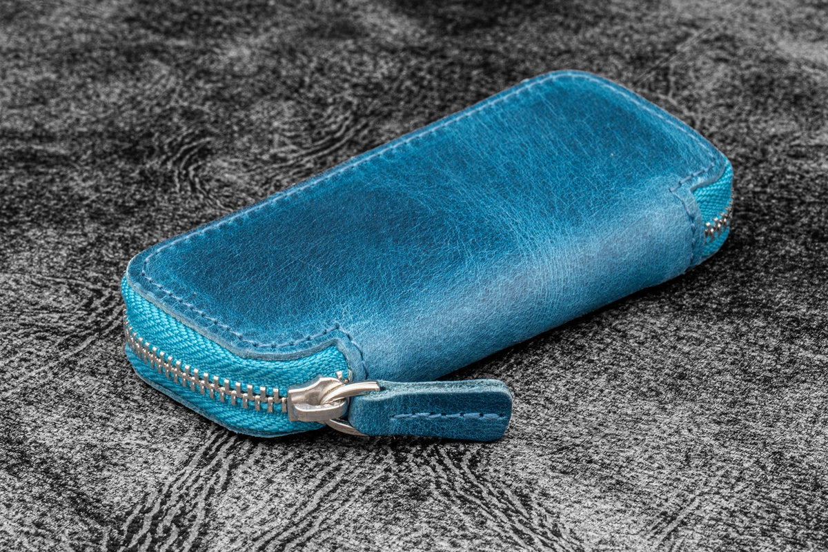 Galen Leather Zippered 2 Slots Pen Case for Kaweco Pocket Pen - Crazy Horse Ocean Blue