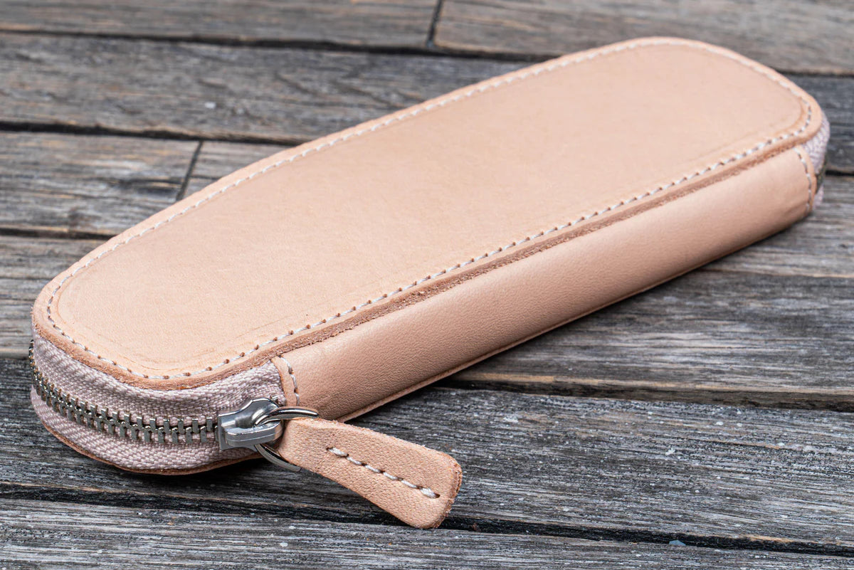 Galen Leather Zippered 2 Slots Slim Pen Case - Undyed Leather