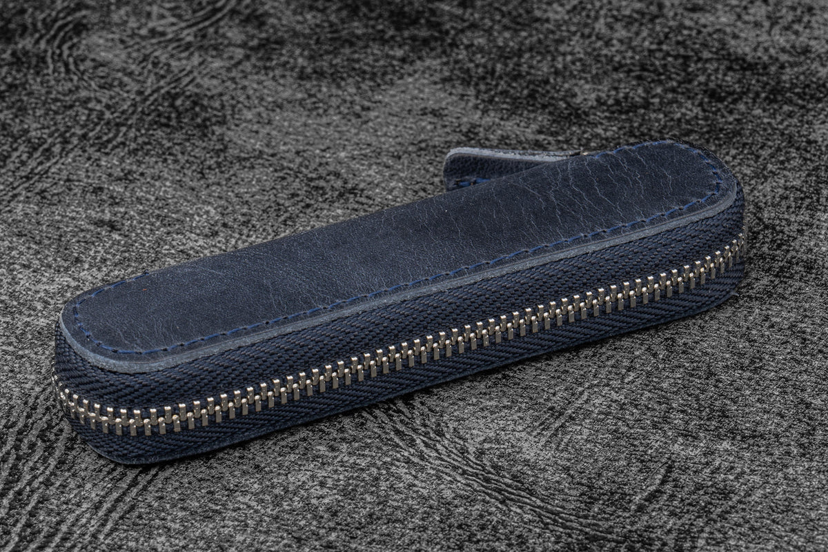 Galen Leather Zippered Single Slot Pen Case for Kaweco Pocket Pen - Crazy Horse Navy Blue