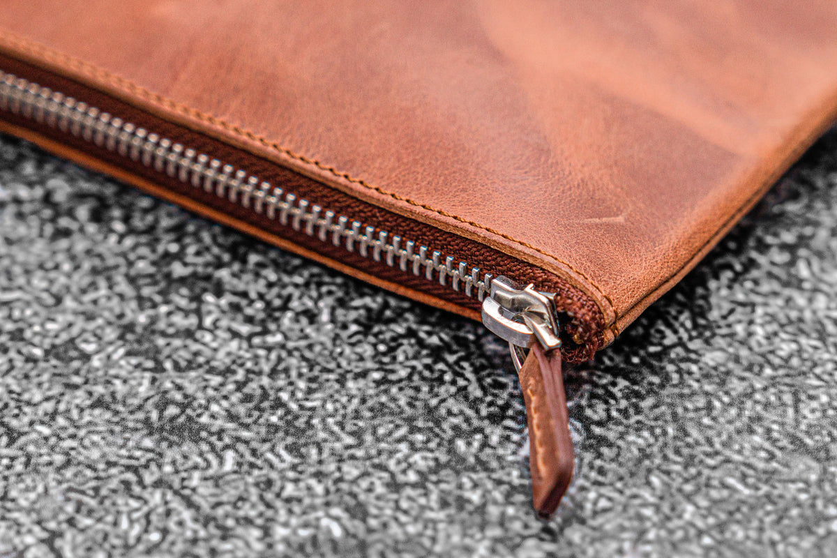 Galen Leather Zippered 4 Slots Slip-n-Zip Pen Pouch - Crazy Horse Tan