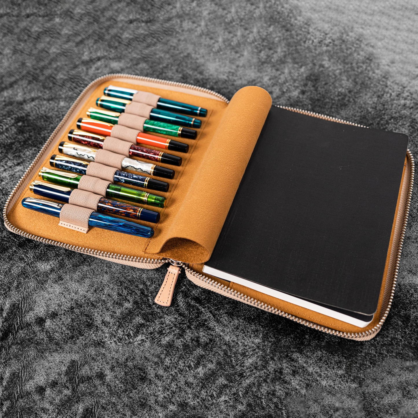 Galen Leather Zippered 10 Slots Pen Case with A5 Notebook Holder - Undyed