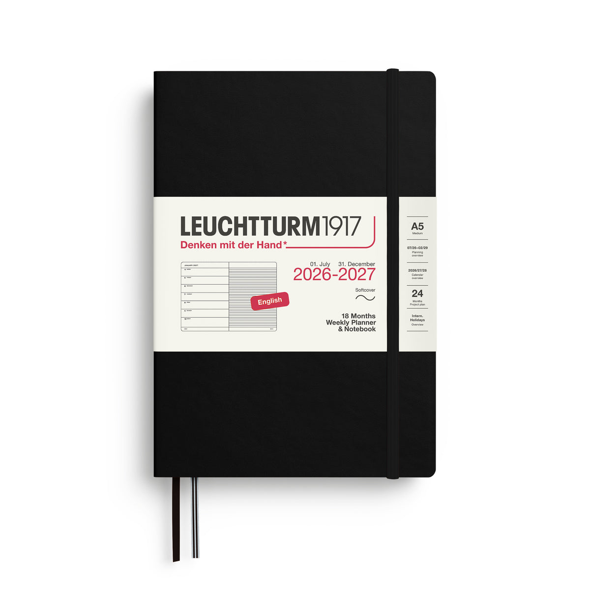 Leuchtturm1917 2027 A5 Medium Softcover 18-Month Weekly Planner & Notebook - Black