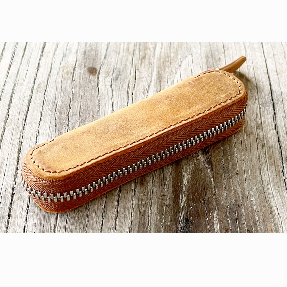 Galen Leather Zippered Single Slot Pen Case for Kaweco Pocket Pen - Crazy Horse Brown