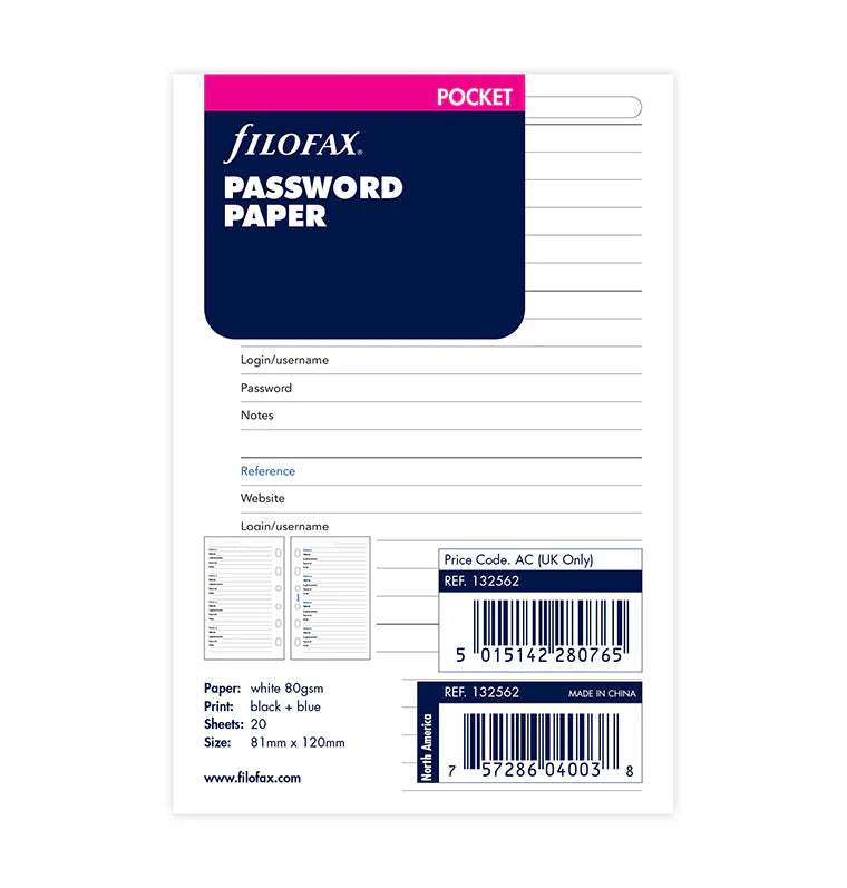 Filofax Pocket Notebook Refill - Password Paper
