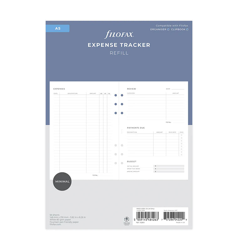 Filofax A5 Minimal 6-Ring Refill - Expense Tracker (White)