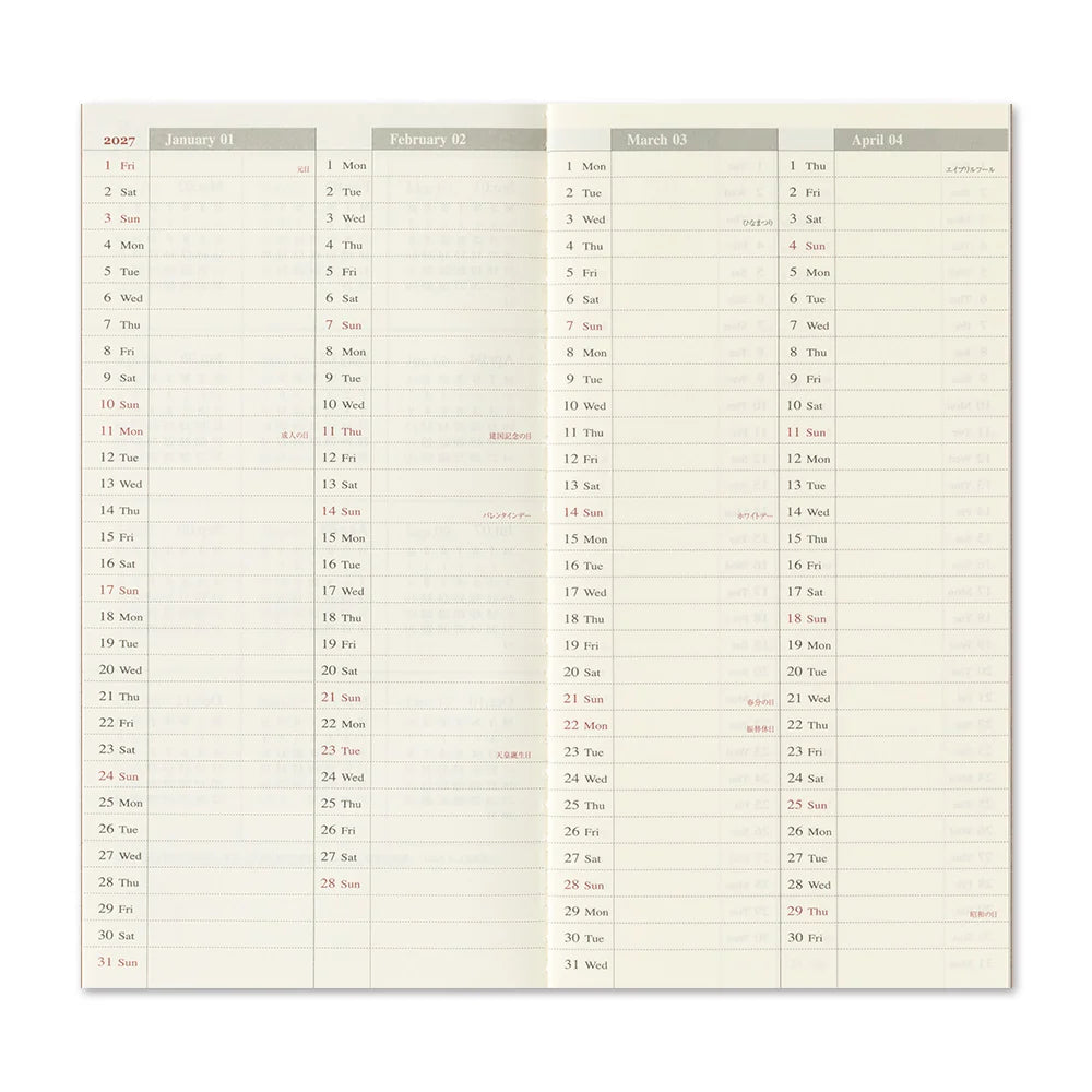 TRAVELER'S 2027 Regular Size Diary Insert - Weekly + Memo