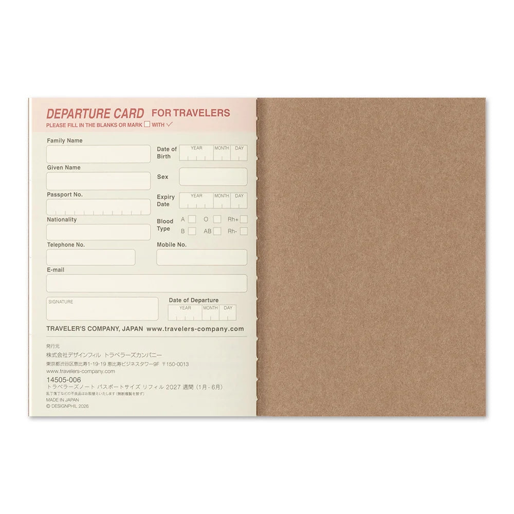 TRAVELER'S 2027 Passport Size Diary Insert - Weekly