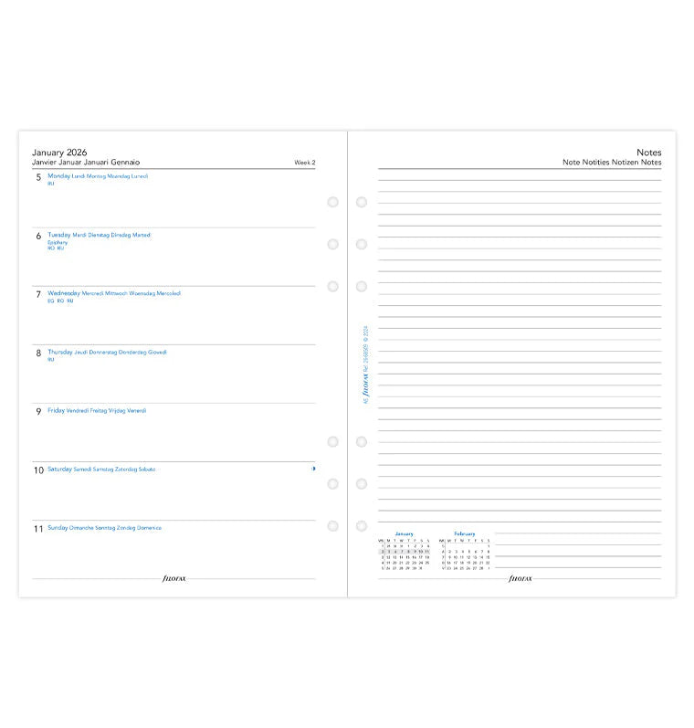 Filofax 2026 Week On One Page Dairy Planner with Notes - Multilanguage (A5)