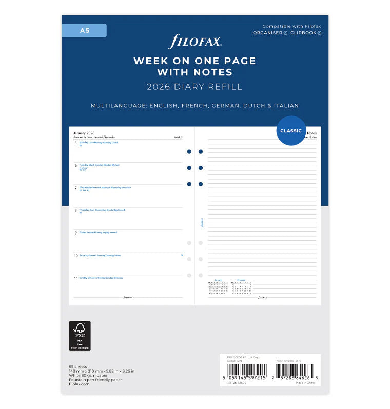 Filofax 2026 Week On One Page Dairy Planner with Notes - Multilanguage (A5)