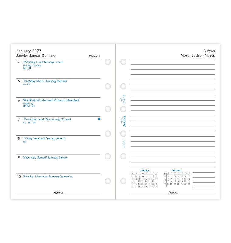 Filofax 2027 Pocket Week On One Page Diary with Notes - English