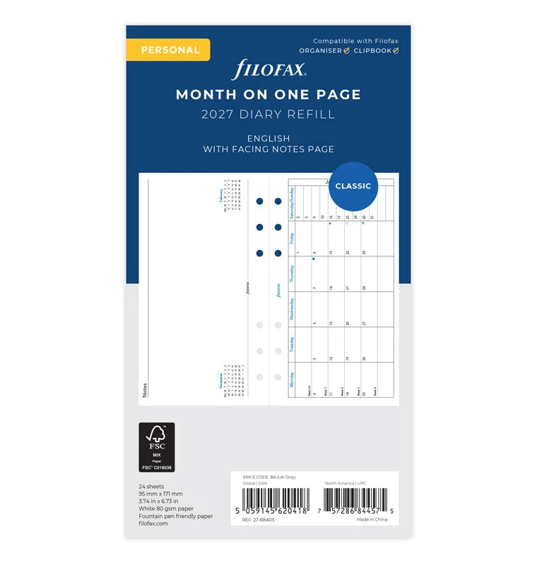 Filofax 2027 Personal Month On One Page with Notes - English