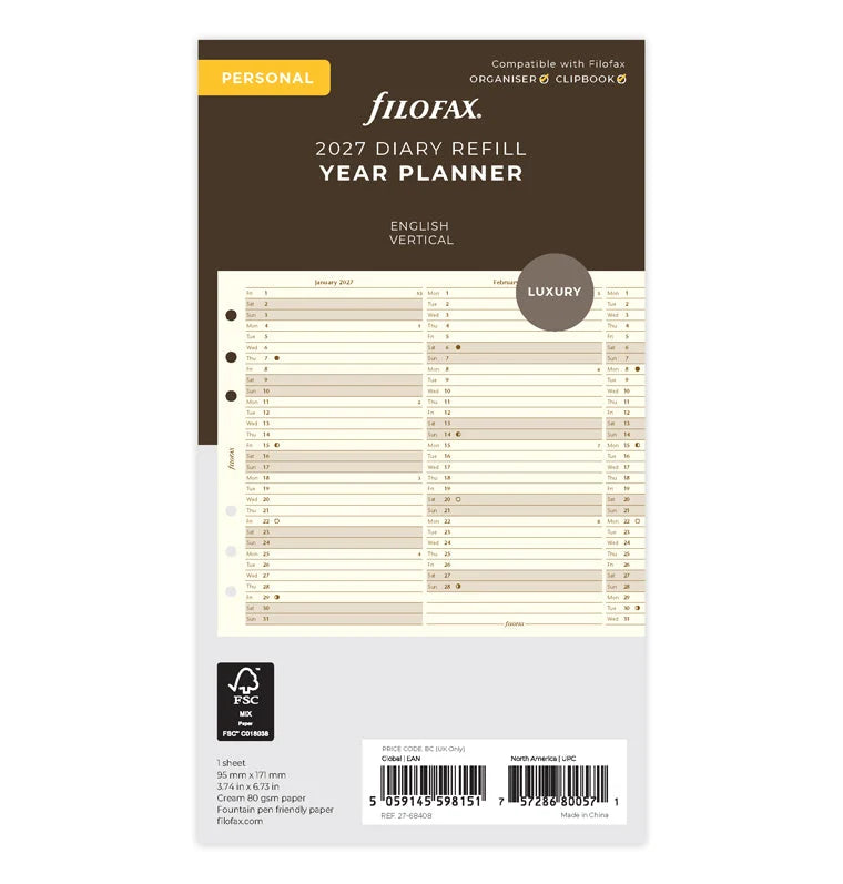 Filofax 2027 Personal Vertical Year Planner - English (Cream)