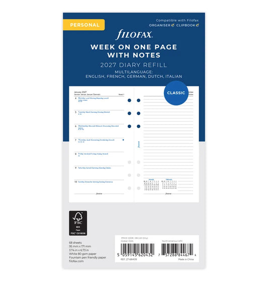 Filofax 2027 Personal Week On One Page Diary with Notes - Multilanguage