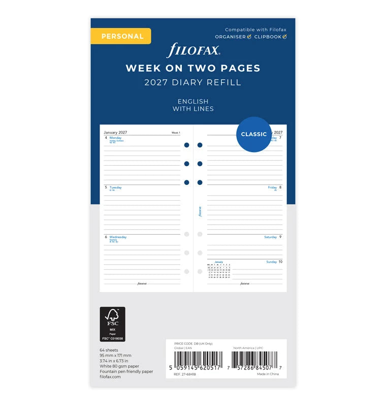 Filofax 2027 Personal Week On Two Pages Lined Diary - English