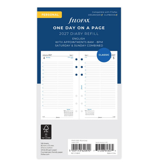 Filofax 2027 Personal One Day On A Page Diary with Appointments - English