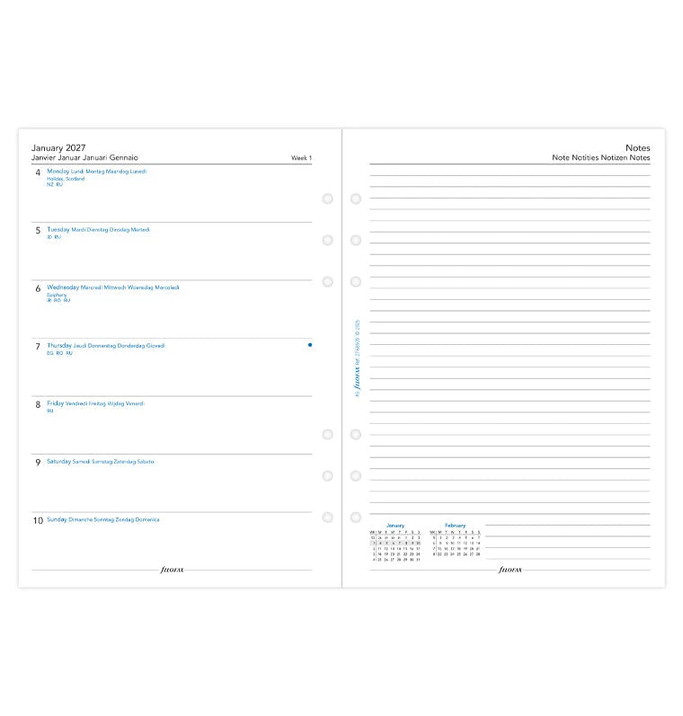 Filofax 2027 A5 Week On One Page Diary with Notes - Multilanguage