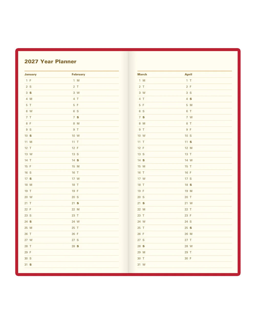 Letts of London 2027 Signature Bonded-Slim Week to View Planner - Red (Upright)