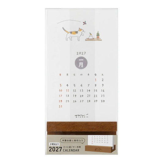 Midori 2027 Wooded Stand Monthly Calendar - Cat