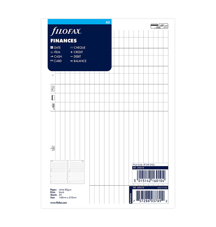 Filofax A5 Horizontal 6-Ring Refill - Finances (White)