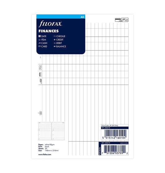 Filofax A5 Horizontal 6-Ring Refill - Finances (White)