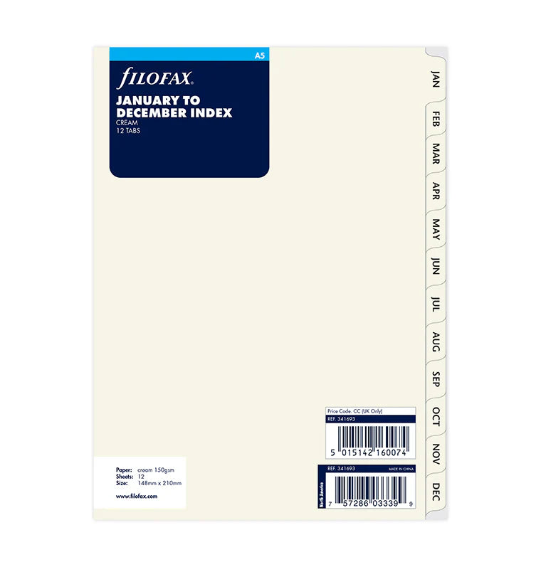 Filofax A5 Accessory 6-Ring Refill - January to December Index Tabs (Cream)