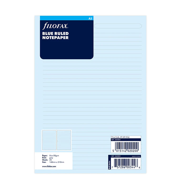 Filofax A5 Paper 6-Ring Refill - Blue (Ruled)